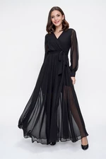 By Saygı Double Breasted Collar Long Sleeves Lined Chiffon Long Dress Black