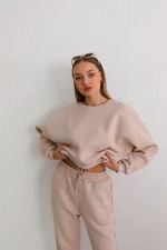 BİKELİFE Women's Beige Oversize Crop Sweatshirt