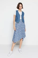 Trendyol Indigo Patterned Ruffle Asymmetrical High Waist Midi Stretch Knit Skirt