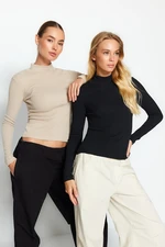 Trendyol 2-Pack Black-Beige Ribbed Standing Collar Fitted/Situated Long Sleeves Stretch Knit Blouse