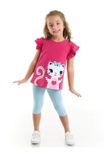 Denokids Frilled White Kitten Girl's Pink T-shirt, Blue Leggings Set.