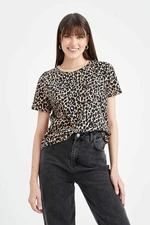 DEFACTO Regular Fit Crew Neck Leopard Patterned Short Sleeve T-Shirt