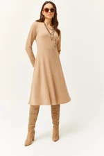 Olalook Women's Camel Button Detailed Double Breasted Midi Bell Dress