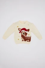 DEFACTO Baby Girl Beige Crew Neck Christmas Themed Knitted Sweater