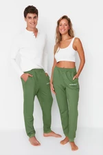 Trendyol Khaki Unisex Regular/Normal Cut Drukowane Dzianinowe Elastyczne Nogawki Grube Bawełniane Spodnie Dresowe