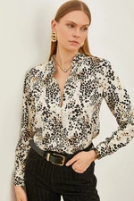 Olalook Women's Beige Black Patterned Woven Viscose Shirt