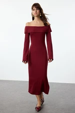 Trendyol Claret Red Fitted Carmen Neck Soft Textured Midi Stretchy Knitted Pencil Dress