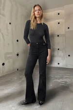 Trendyol Anthracite Ribbed High Waist Lycra Flare Jeans