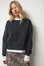 Happiness İstanbul Women's Anthracite Raised Crop Sweatshirt