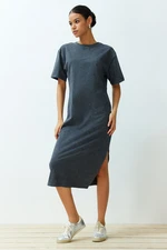 Trendyol Anthracite 100% Cotton Distressed Effect Slit Shift/Comfortable Fit Knitted T-shirt Dress