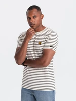 Men's striped t-shirt with patch by Ombre Design - cream and black