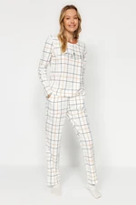 Trendyol White 100% Cotton Plaid Tshirt-Pants Knitted Pajama Set