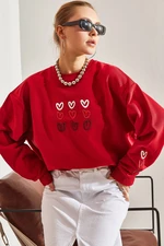 Bianco Lucci Women's Three Thread Raised Heart Printed Sweatshirt