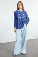 Trendyol Blue Slogan Printed Polo Collar Oversize/Wide Pattern Knitted T-Shirt