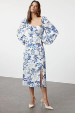 Trendyol Blue Abstract Blue Floral Patterned Midi Woven Dress