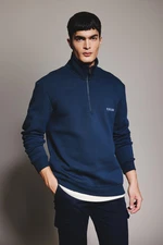 DEFACTO Navy Blue Regular Fit Stand Collar Half Zipper Printed Sweatshirt