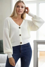 23325 Dewberry 3 Button V-Neck Women Cardigan-WHITE