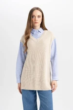 DEFACTO Regular Fit V Neck Side Slit Knitwear Sweater Tunic