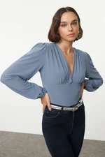 Trendyol Indigo V Neck Balloon Sleeve Fitted/Fits the Body Flexible Snap Knitted Bodysuit