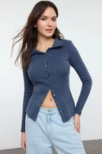 Trendyol Indigo Buttoned Fitted/Fits Body Stretch Knit Blouse