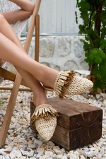 NİŞANTAŞI SHOES Viana Beige Knitted Women's Slippers, Beige Beige Tan and Tassel Detail.