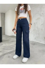 12128 Dewberry High Waist Wide Leg Cargo Pocket Trousers-NAVY BLUE