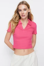 Trendyol Fuchsia Fitted Crop Polo Neck Ribbed Stretch Knitted Blouse