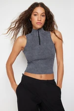 Trendyol Anthracite Weathered/Faded Effect Fitted Zippered Ribbed Cotton Stretch Knitted Blouse