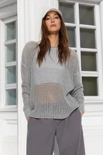 Trendyol šedý super široký bavlněný prolamovaný/perforovaný pletený svetr