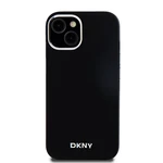 Zadní kryt DKNY Liquid Silicone Silver Metal Logo Magsafe pro Apple iPhone 15, černá