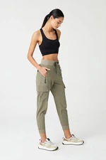 LOS OJOS Women's Khaki Cargo Pocket Elastic Waist And Cuff Jogger Trousers Cargo