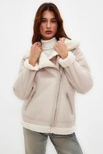 Trendyol Beige Faux Leather Plush Collar Detailed Biker Closure Coat