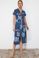 Trendyol Navy Blue Printed Polo Collar A-line/Bell Form Wrap/Textured Knitted Midi Dress