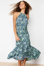 Trendyol Green Printed Skater/Water Open Halter Neck Ribbed Elastic Knitted Maxi Dress