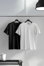 Trendyol Fekete-fehér férfi Basic Slim Fit 100% pamut 2-Pack Crew nyakú rövid ujjú póló