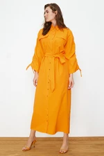 Trendyol Orange Belted Sleeves Adjustable Cotton Comfortable Fit Woven Shirt Dress