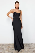 Trendyol Black Fitted, Woven Corset Detailed Satin Long Evening Dress