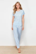 Trendyol Blue Gingham and Slogan Printed Knitted Pajamas Set