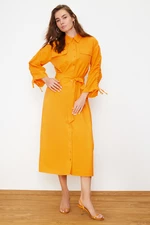 Trendyol Orange Belted Sleeves Adjustable Cotton Comfortable Fit Woven Shirt Dress