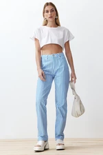 Trendyol Light Blue Striped High Waist Straight Jeans