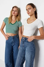 Trendyol Green Stripe-White Plain 2-Pack Fitted V-Neck Crop Corduroy Knitted Blouse