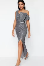 Trendyol Gray Sequin Stone Accessory Detail Long Evening Dress