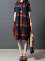 Plaid Button Pocket Lapel Short Sleeve Casual Midi Dress