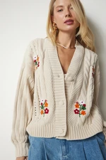 Happiness İstanbul Women's Cream Embroidery Knitted Pattern Sweater Cardigan PA0009