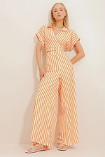Trend Alaçatı Stili Women's Orange Double Breasted Collar Striped Crop, Blouse And Pants Suit