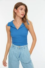 Trendyol Indigo přiléhavá crop polo krční halenka z krepu