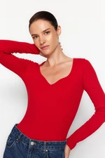 Trendyol Red Heart Collar Long Sleeve Ribbed Flexible Knitted Body With Snap Button