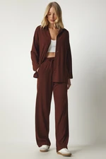 Happiness İstanbul Women's Brown Camisole Oversize Shirt and Pants Suit