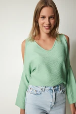 Happiness İstanbul Women's Aquatic Green Off-the-shoulder, Decollete, Flowy Wrap Blouse