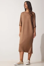 Happiness İstanbul Women's Camel Daily Viscose Knitted Dress